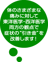 体のさまざまな痛みに対して東洋医学・西洋医学両方の観点で症状の“引き金”を改善します！